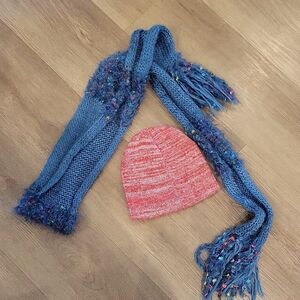 Blue Scarf and Pink Beanie Set